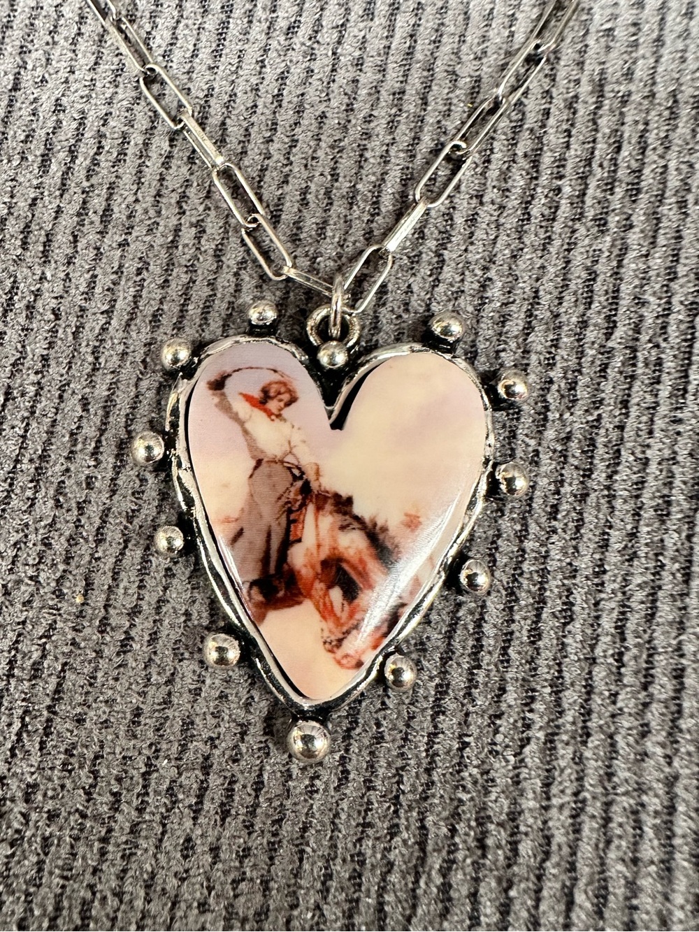 Rustic western horse heart necklace silver tone